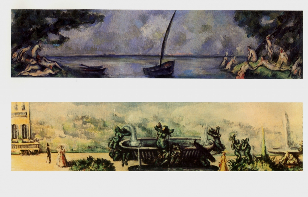 Décors peints à la demande de Choquet pour son appartemetn parisien:La Vasque au Paon (NR643, coll privée) La Barque et les Baigneurs, NR 644 (musée de l'Orangerie)
